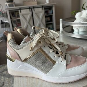 Micheal Kors Wedge Sneakers in white, beige pink, & gold tones Gently used sz 8